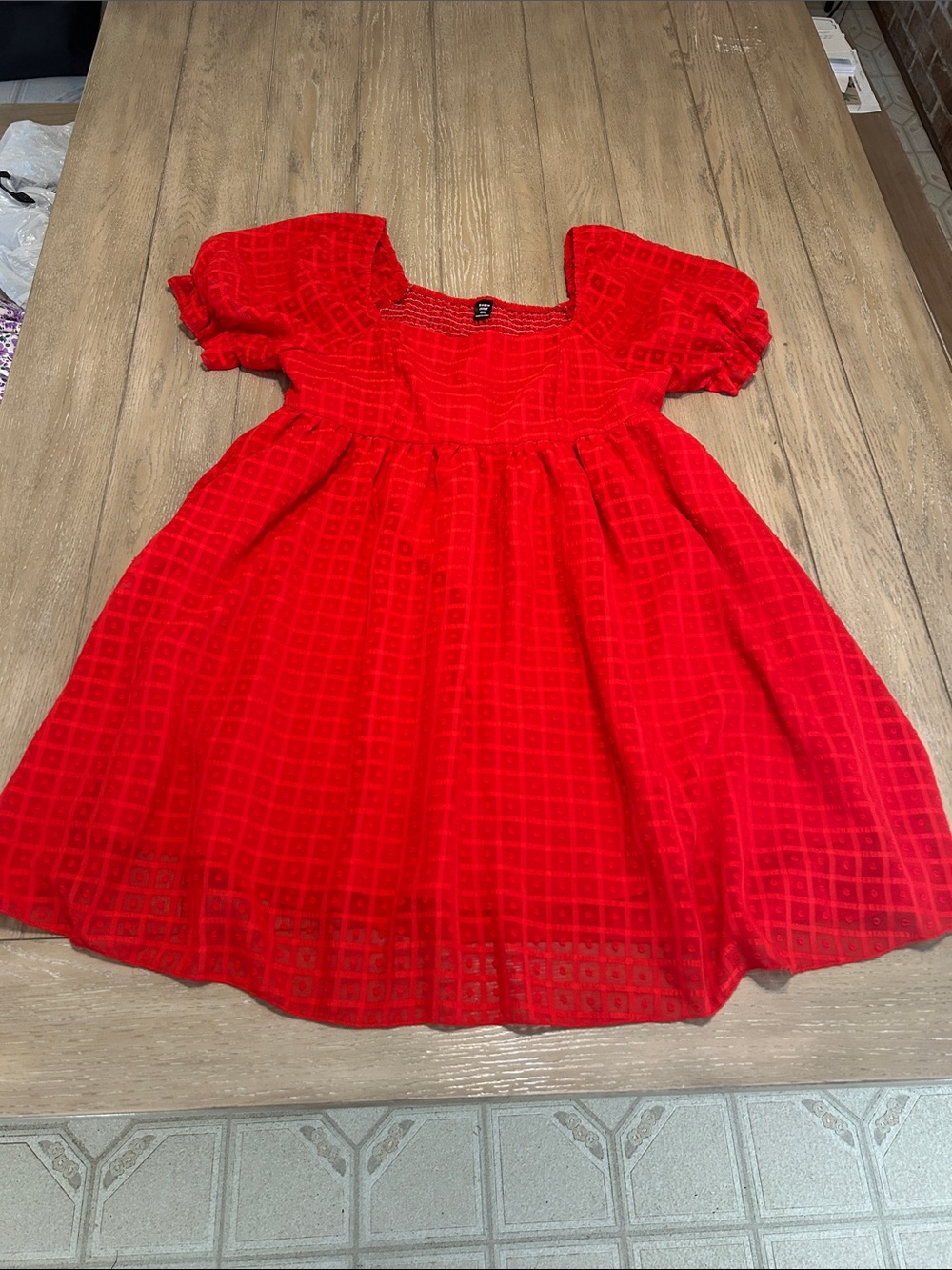 Like New SHEIN Curve Red Puff-Sleeve Square-Pattern Mini Dress 0XL
